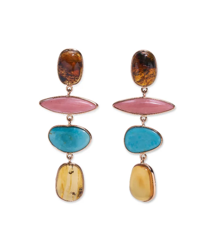 Best hoop earrings with matching bracelets for a coordinated jewelry set-14k Gold Amber, Pink Opal & Turquoise Column Earrings