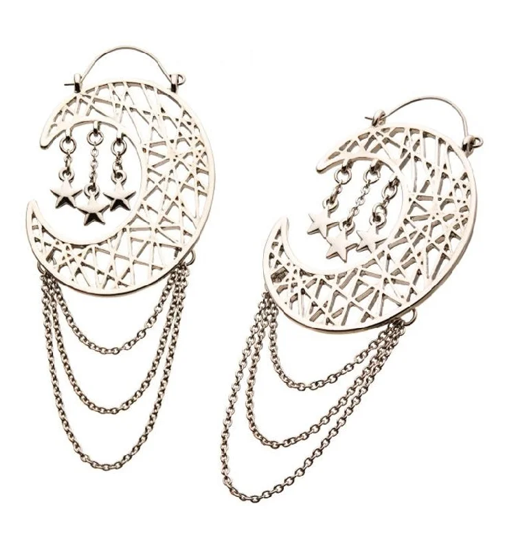 Hoop earrings with textured finishes for a vintage and classic style-20G Crescent Moon & Stars Chained Plug Hoops