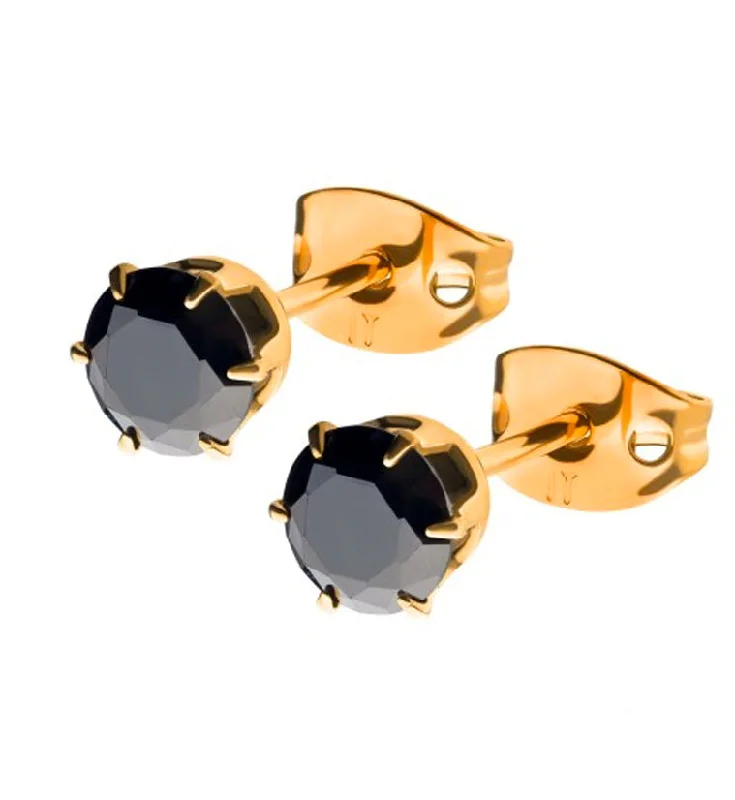 Hoop earrings with heart-shaped frames for a romantic and feminine look-24kt Gold PVD Black CZ Prong Titanium Earrings