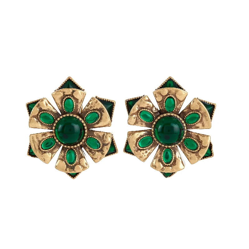 Best hoop earrings with intricate beaded details for a textured, stylish appearance-Antique Gold Emerald Cabochon Earrings