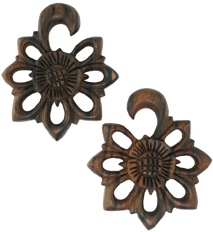 Best hoop earrings with marbled designs for a trendy and artistic effect-Areng Wood Blooming Flower Hanger Plugs