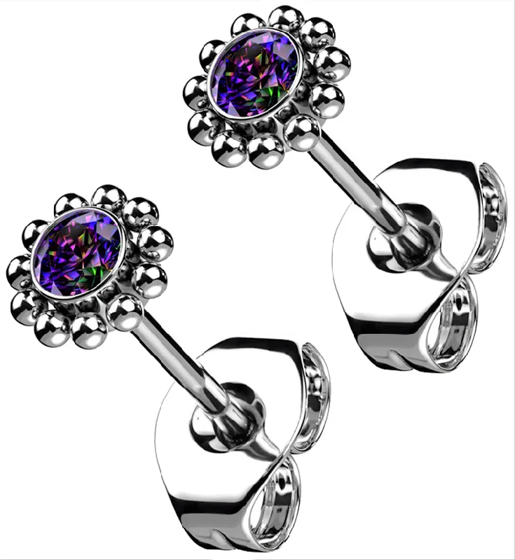 Medium hoop earrings for an everyday look with the perfect balance of style-Beaded Black Aurora CZ Titanium Threadless Earrings