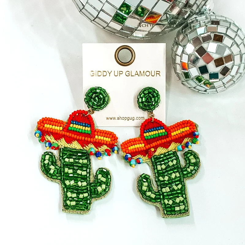 Hoop earrings with hearts for a sweet and romantic gesture-Beaded Cactus Earrings with a Sombrero in Green