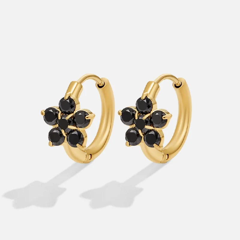 Hoop earrings with textured gold for a refined and sophisticated aesthetic-Black Crystal Flower Hoop Earrings