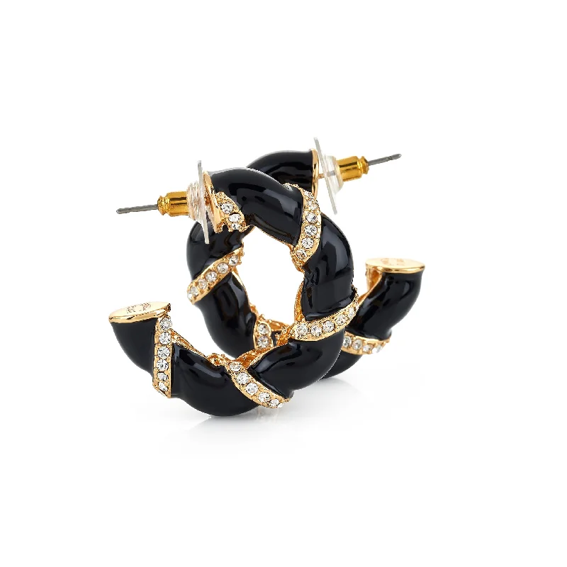 Best hoop earrings with hammered gold for a rustic yet elegant look-Black Enamel Rhinestone Hoop Earrings