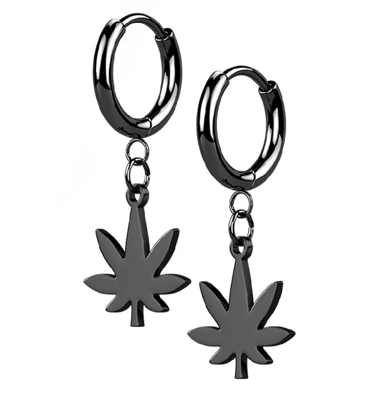 Best hoop earrings with sparkling cubic zirconia for a brilliant, budget-friendly effect-Black PVD Cannabis Stainless Steel Hinged Earrings