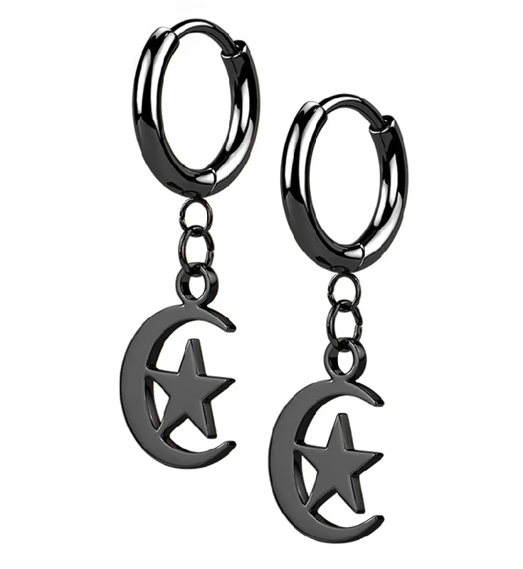 Hoop earrings with infinity loop designs for a continuous and eternal shape-Black PVD Crescent Star Stainless Steel Hinged Earrings