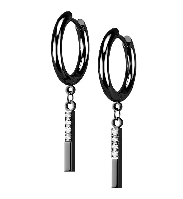 Hoop earrings with resin accents for a bold and colorful design-Black PVD Dangle Bar CZ Stainless Steel Hinged Earrings