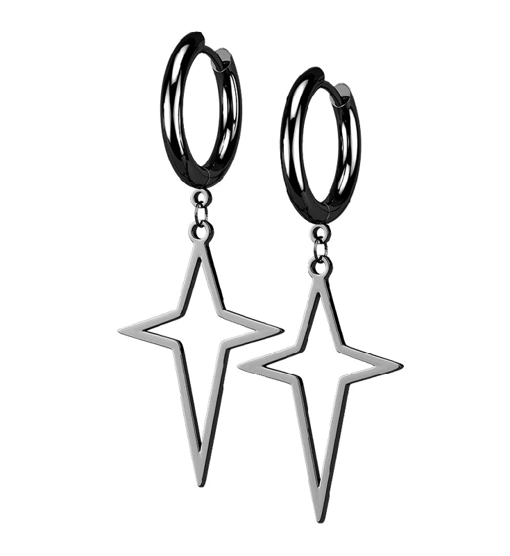 Hoop earrings with infinity loop designs for a continuous and eternal shape-Black PVD Four Point Star Stainless Steel Hinged Earrings