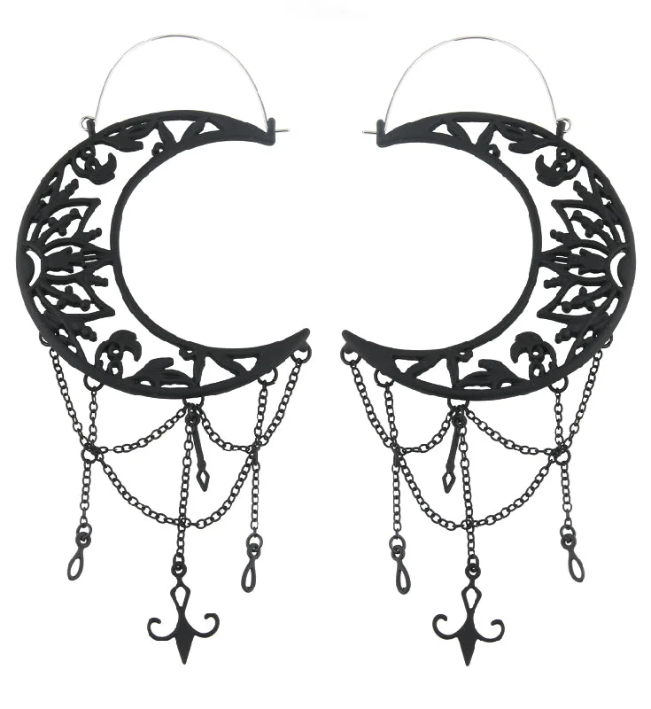 Best hoop earrings with twisted rope designs for a nautical-inspired style-Black PVD Ornate Crescent Moon Dangle Chains Stainless Steel Plug Hoops