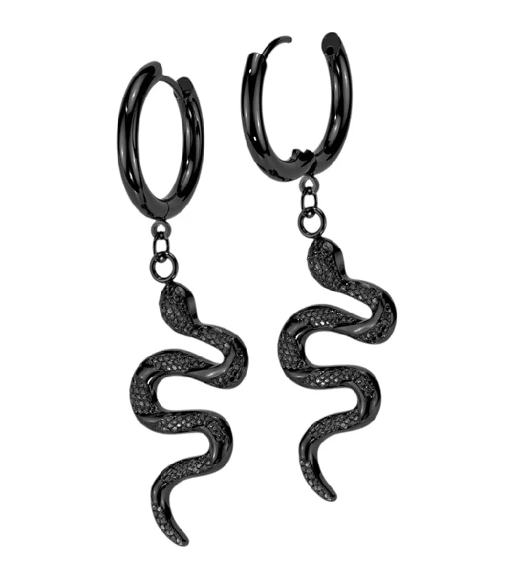 Lightweight hoop earrings for comfortable and all-day wear-Black PVD Serpent Stainless Steel Hoop Earrings