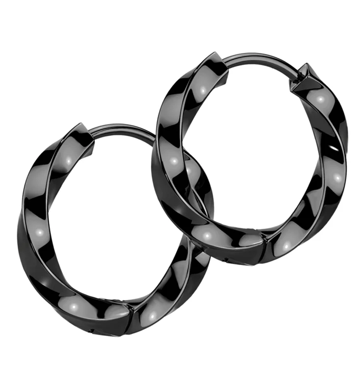 Hoop earrings with a matte finish for a sleek and sophisticated appearance-Black PVD Twisted Hoop Stainless Steel Hinged Earrings