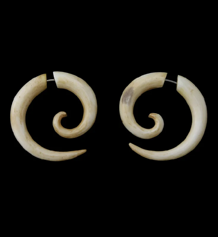 Hoop earrings with twisted metal designs for a dynamic and modern style-Bone Fake Gauge Spiral Tribal Earrings