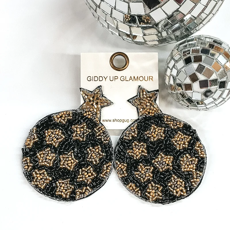 Best hoop earrings with sterling silver for an affordable and chic design-Circle Black Beaded Earrings with Gold Star