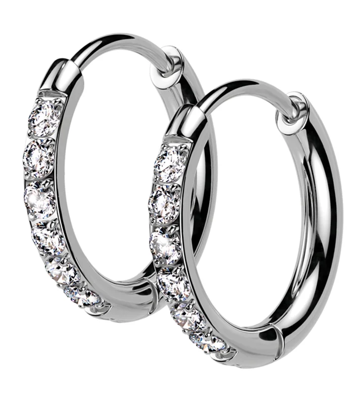 Hoop earrings with oversized pearl accents for a statement-making look-Clear CZ Hoop Stainless Steel Hinged Earrings