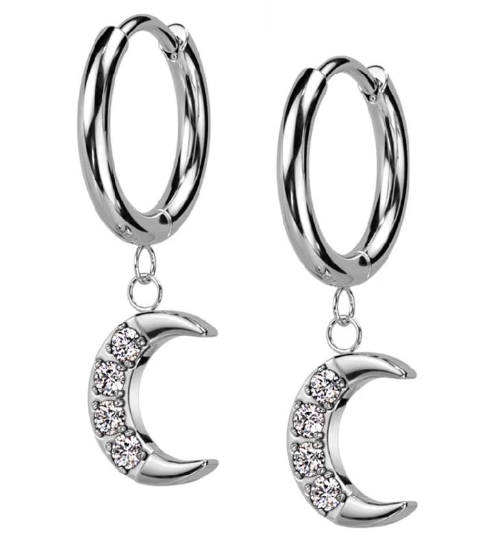 Hoop earrings with dangling charms for a playful and fun look-Crescent Moon CZ Dangle Stainless Steel Hinged Hoop Earrings