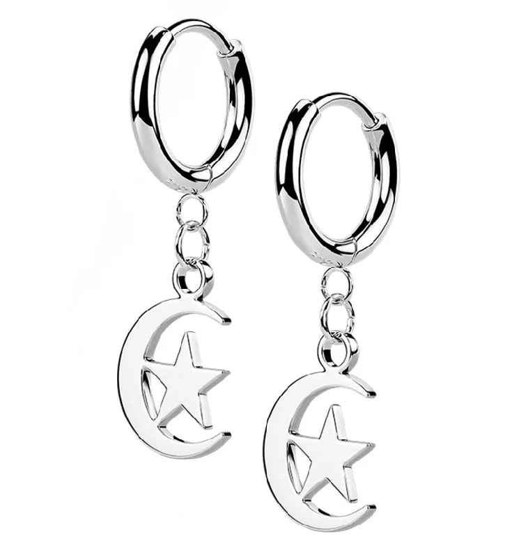 Hoop earrings with dangling charms for a playful and fun look-Crescent Star Stainless Steel Hinged Earrings