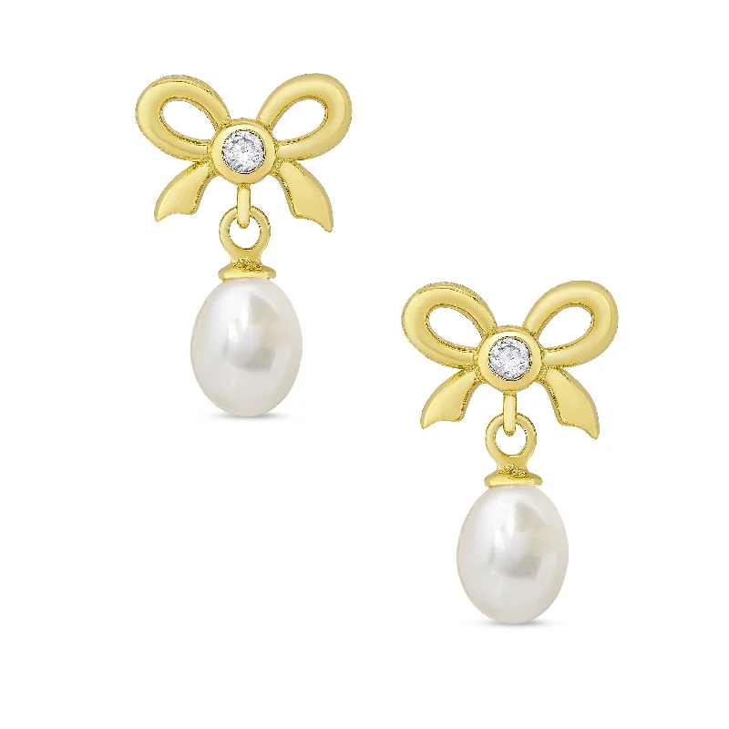 Hoop earrings with diamond-cut surfaces for added sparkle and shine-CZ Bow and Freshwater Pearl Earrings