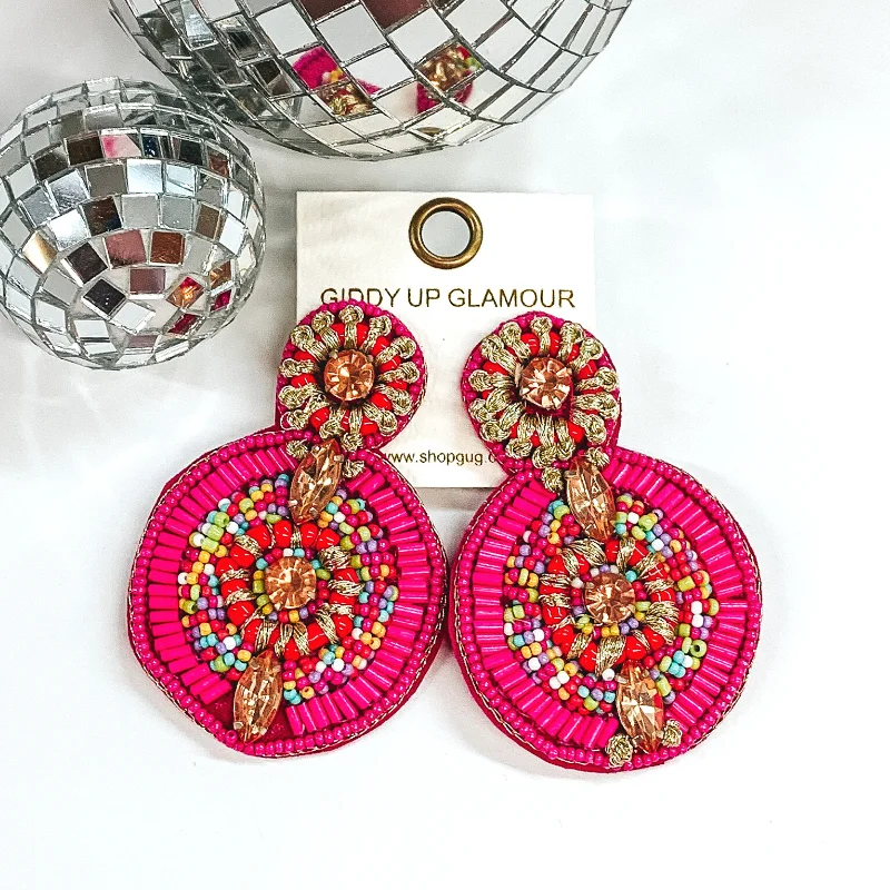 Best hoop earrings with vintage rhinestone embellishments for a retro-glam effect-Double Circle Beaded Statement Earrings in Fuchsia