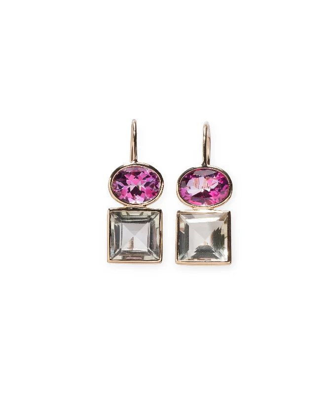 Hoop earrings with stacked layers for a bold and textured design-14k Gold Duo Earrings in Pink Topaz and Green Amethyst