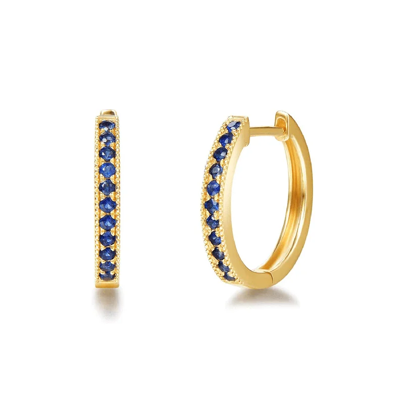 Hoop earrings with hammered textures for a boho-chic and rustic vibe-FANCIME Petite Blue Sapphire 14K Yellow Gold Hoop Earrings