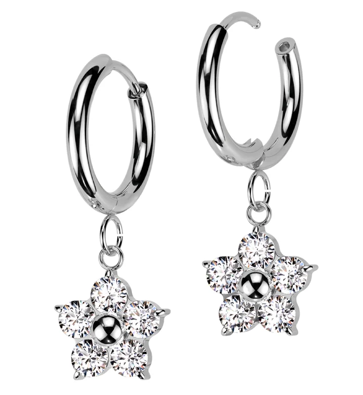 Hoop earrings with textured finishes for a vintage and classic style-Flower Dangle Clear CZ Stainless Steel Hoop Earrings