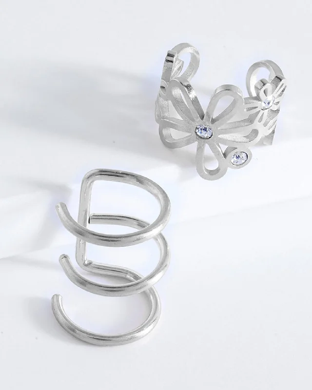 Best hoop earrings with snake chain details for a sleek and modern touch-Sterling Silver Flower Ear Cuff Set of 2