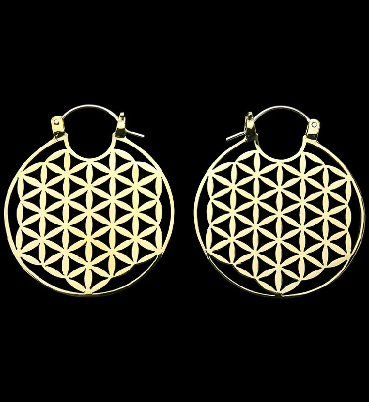 Hoop earrings with oversized pearl accents for a statement-making look-Flower of Life Brass Ear Weights