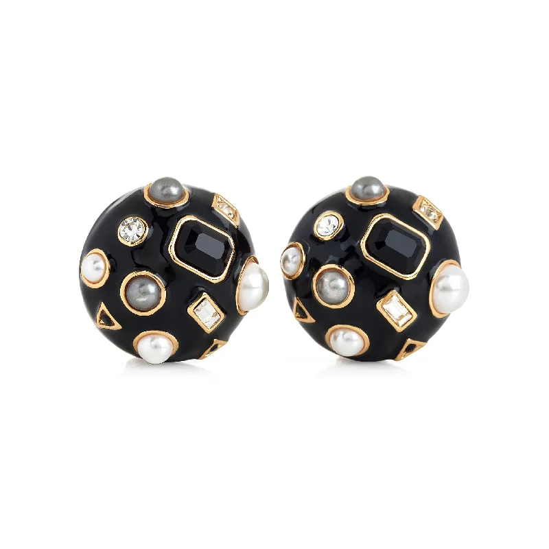 Hoop earrings with rhinestone-studded rims for a glamorous touch-Gold & Black Enamel Round Domed Earring