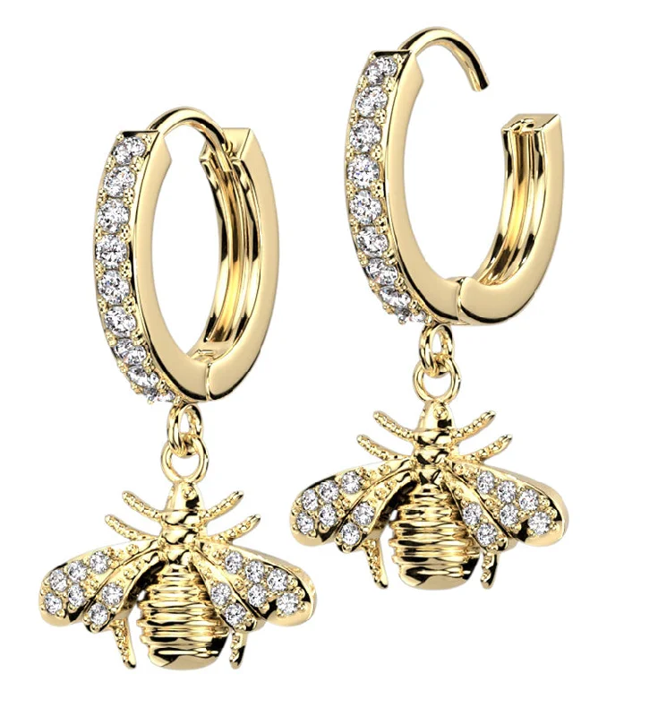 Hoop earrings with a matte black finish for a sleek, edgy vibe-Gold PVD Bee CZ Stainless Steel Hoop Earrings