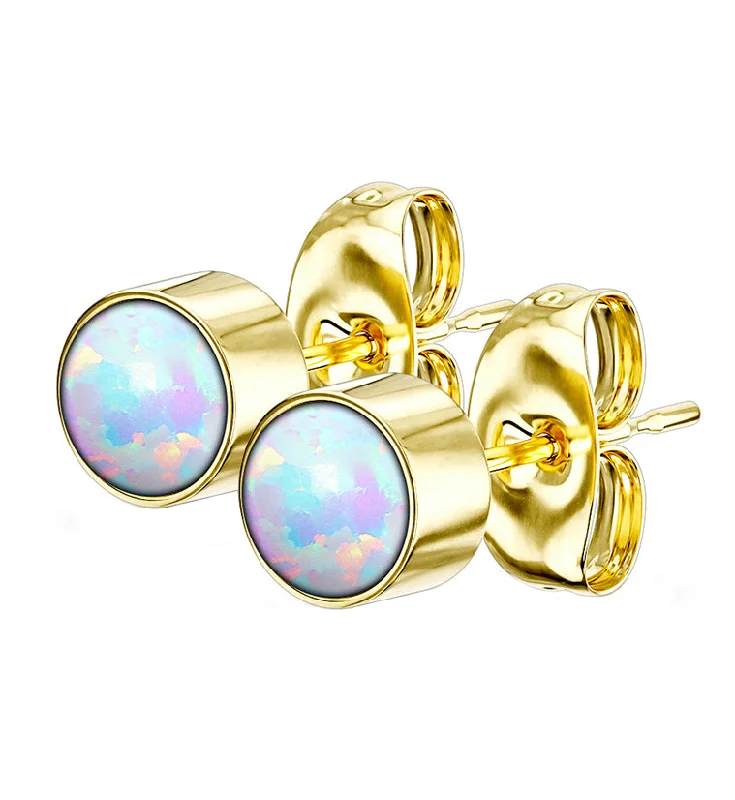 Best hoop earrings with custom designs for a personalized, unique accessory-Gold PVD Bezel White Opalite Stainless Steel Earrings