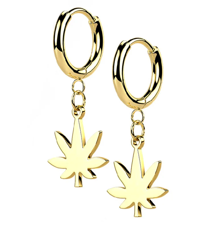 Hoop earrings with artistic filigree designs for an intricate, delicate finish-Gold PVD Cannabis Stainless Steel Hinged Earrings