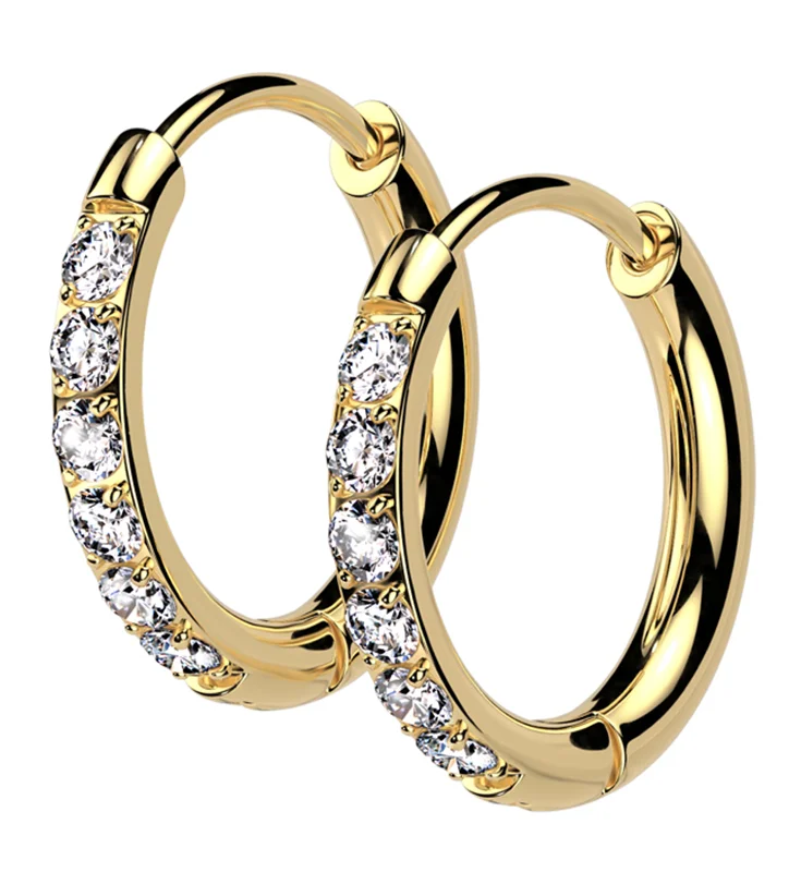 Hoop earrings with intricate designs for a unique and artistic appearance-Gold PVD Clear CZ Hoop Stainless Steel Hinged Earrings