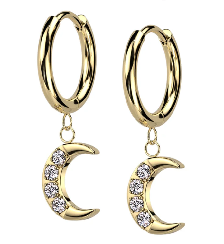 Best hoop earrings with hammered gold for a rustic yet elegant look-Gold PVD Crescent Moon CZ Dangle Stainless Steel Hinged Hoop Earrings