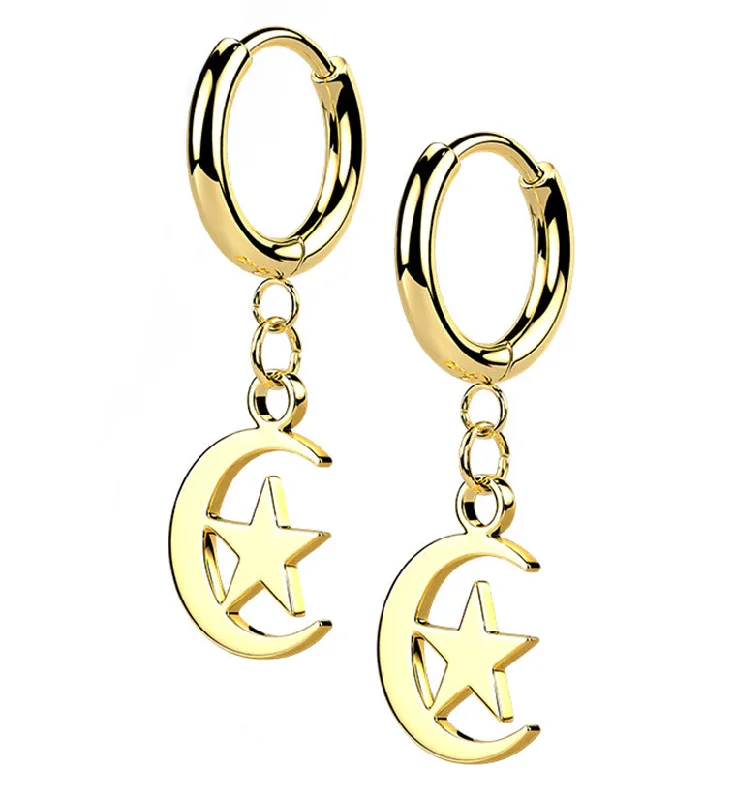 Hoop earrings with spiral designs for a dynamic and fluid look-Gold PVD Crescent Star Stainless Steel Hinged Earrings