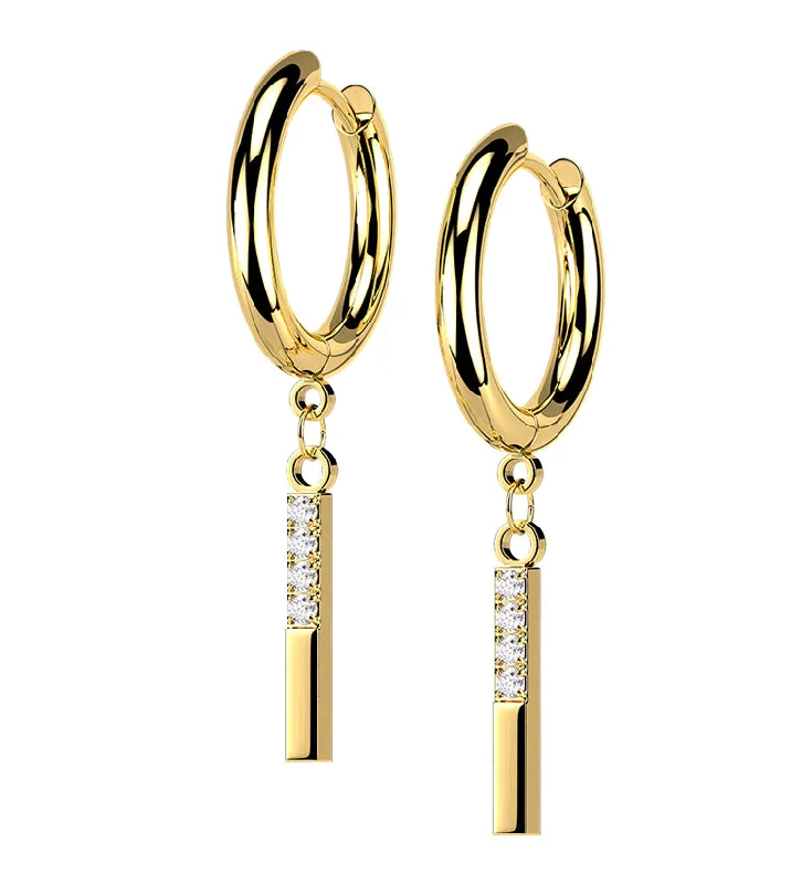 Best hoop earrings with braided leather for a rustic, stylish finish-Gold PVD Dangle Bar CZ Stainless Steel Hinged Earrings