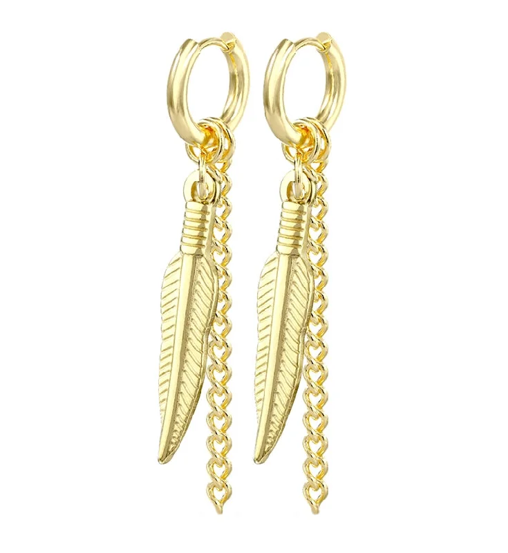 Hoop earrings with hearts for a sweet and romantic gesture-Gold PVD Feather Dangle Earrings