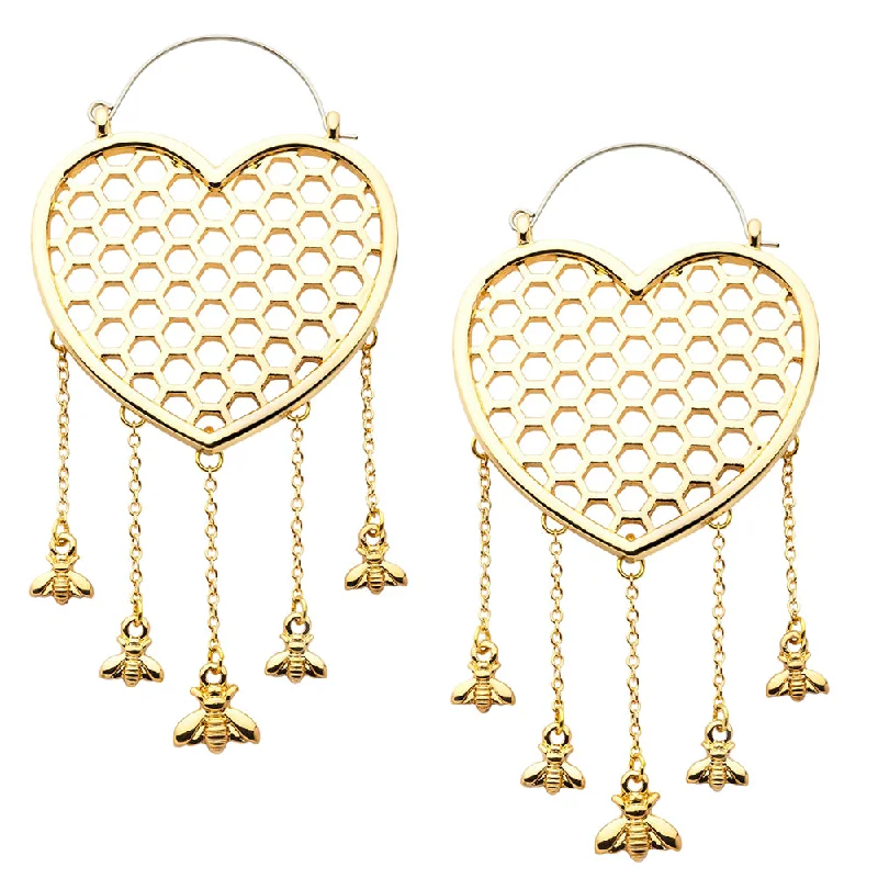 Best hoop earrings with geometric hexagon shapes for a modern, angular look-Golden Heart Honeycomb Dangle Bee Stainless Steel Plug Hoops