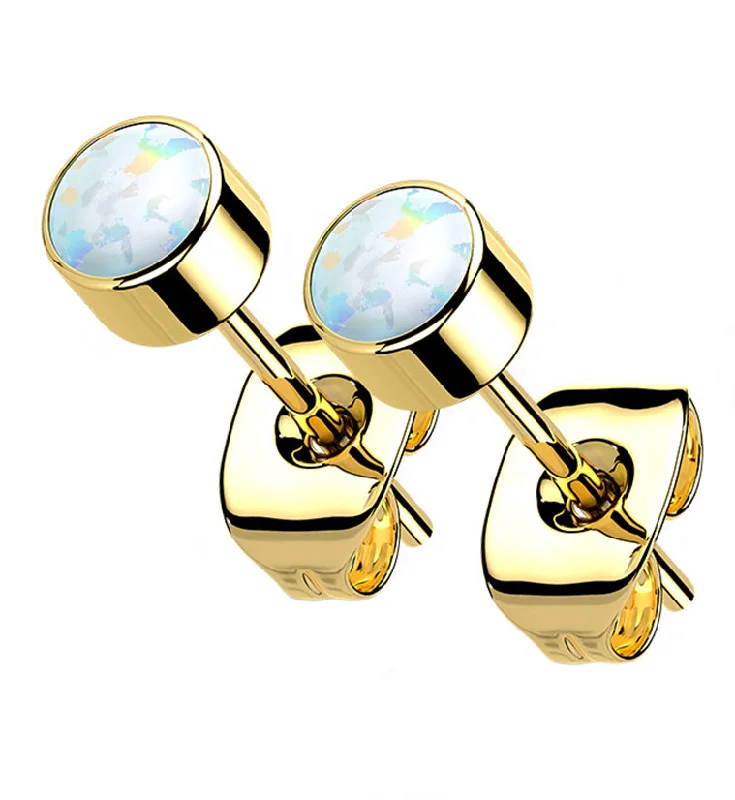 Hoop earrings with enamel stripes for a colorful and eye-catching design-Gold PVD White Opal Titanium Bezel Earrings