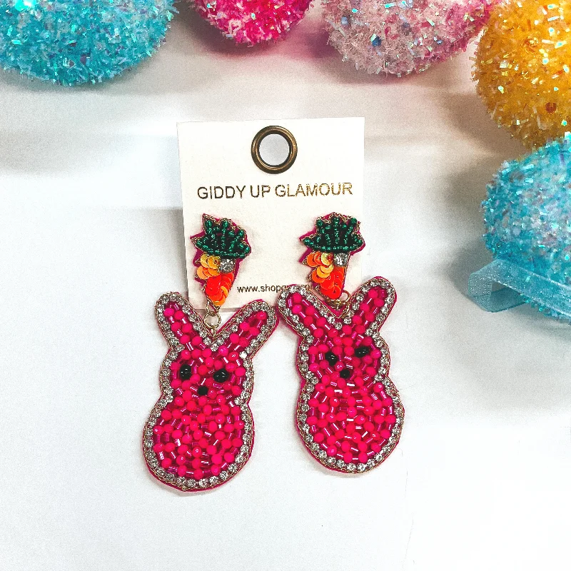 Hoop earrings with textured gold for a refined and sophisticated aesthetic-Hoppin' Along Beaded Carrot Post Earrings with Bunny Peep Dangle in Pink