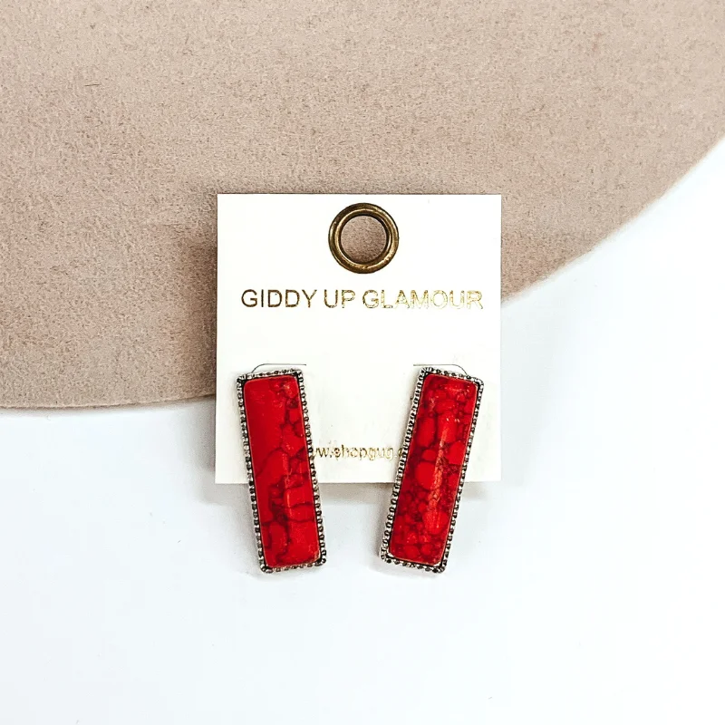 Best hoop earrings with oval shapes for a unique and elongated design-Medium Rectangle Faux Stone Silver Tone Earrings in Red