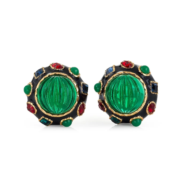 Best hoop earrings with intricate beaded details for a textured, stylish appearance-Black Gemstone & Emerald Button Earrings