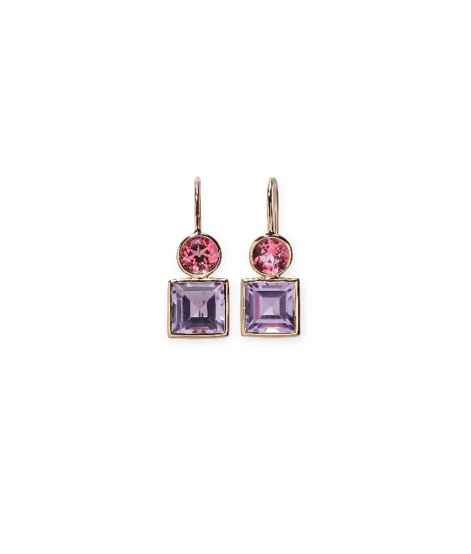 Hoop earrings with cut-out designs for a creative and lightweight effect-14k Gold Pastille Earrings in Pink Topaz and Amethyst