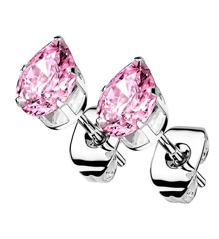 Best hoop earrings with satin ribbons for a soft, feminine appearance-Pink Teardrop CZ Stainless Steel Earrings