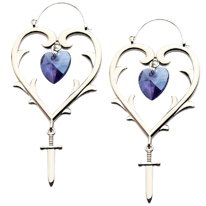 Best hoop earrings with geometric hexagon shapes for a modern, angular look-Purple CZ Heart Dagger Stainless Steel Plug Hoops