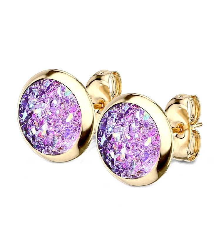 Classic hoop earrings with a thin profile for a sleek and subtle style-Purple Druzy Set Gold PVD Earrings