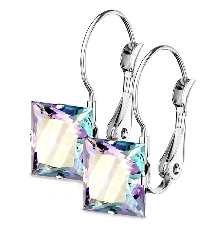 Hoop earrings with snake print designs for an edgy, wild appearance-Rainbow Aurora CZ Square Clasp Earrings