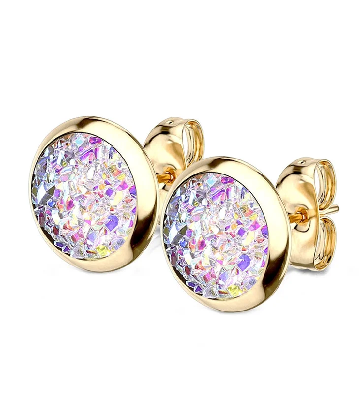 Best hoop earrings with crescent-shaped designs for a bold, moon-inspired style-Rainbow Aurora Druzy Set Gold PVD Earrings