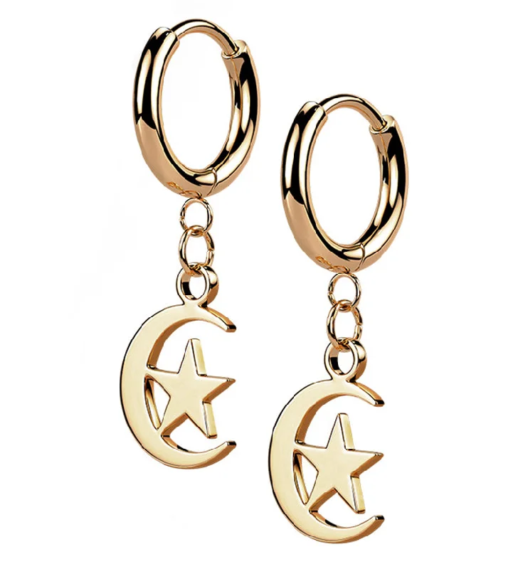 Best hoop earrings with vintage-style detailing for a nostalgic and timeless look-Rose Gold PVD Crescent Star Stainless Steel Hinged Earrings