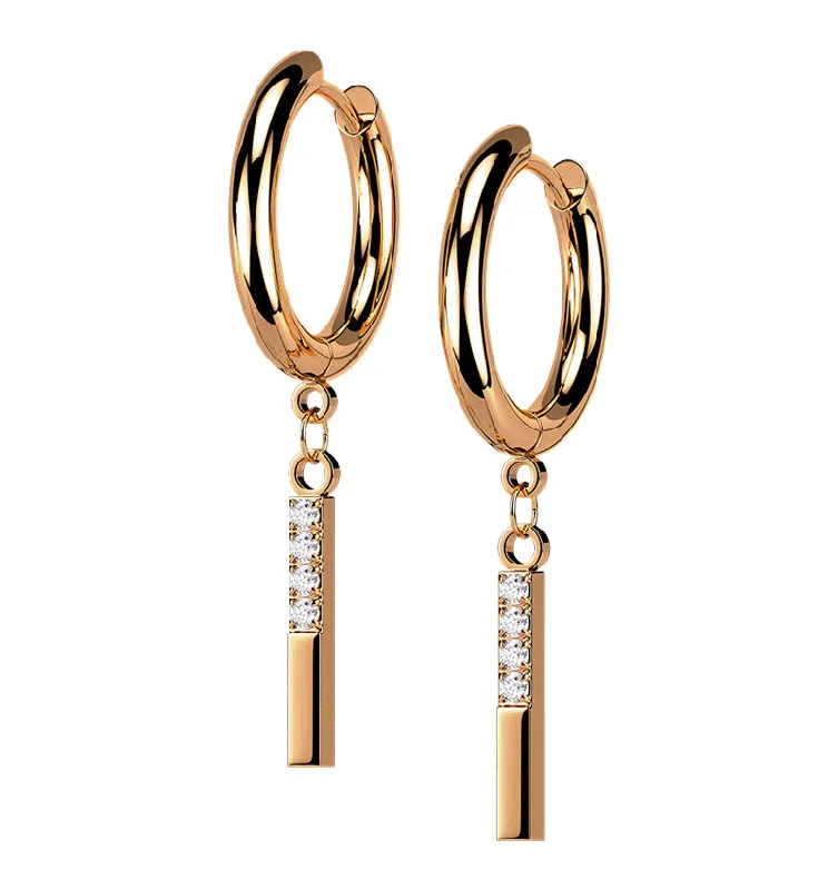 Stylish hoop earrings with diamond accents for an elegant and sparkling effect-Rose Gold PVD Dangle Bar CZ Stainless Steel Hinged Earrings